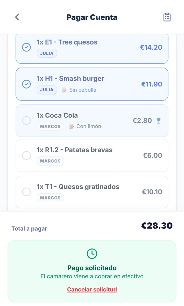 Pago solicitado: el camarero viene a cobrar