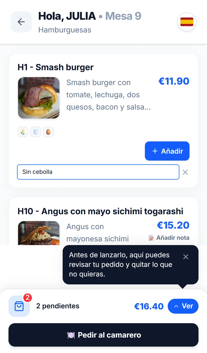 Un pedido exacto, con las notas escritas por el propio cliente