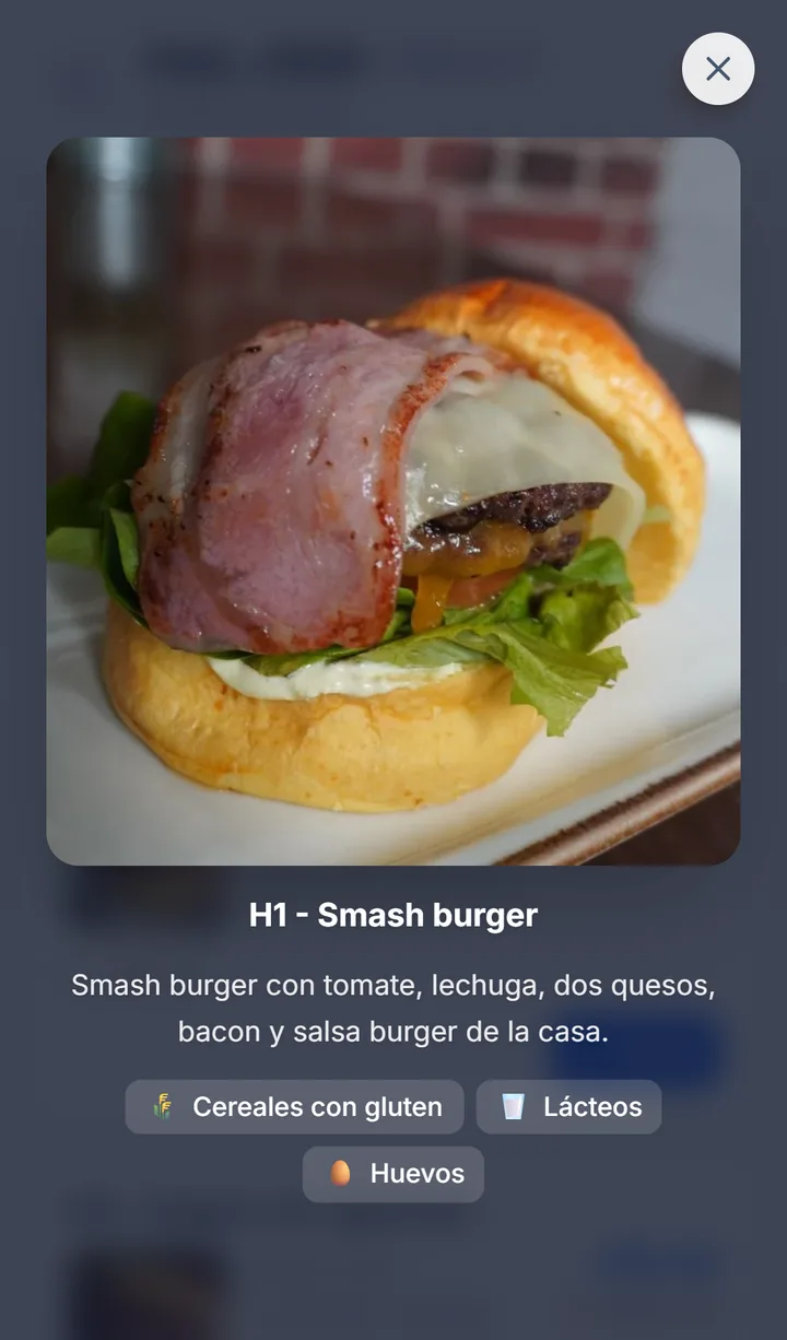 La foto se amplía y los alérgenos se leen con icono y nombre